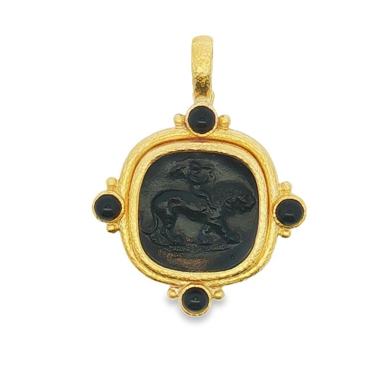 19K Yellow Gold Venetian Glass Intaglio "Cupid Riding Lion" Engraving with 4 Black Onyx Cabochon Stones
