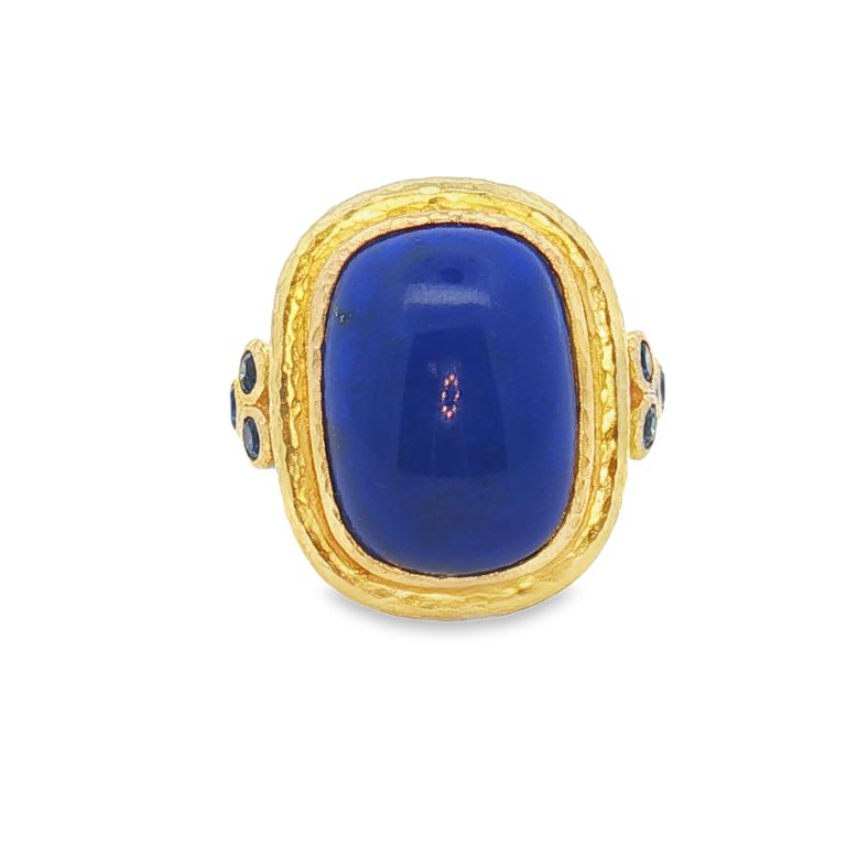 19K Yellow Gold Lapis Lazuli Ring with One Cabochon Cushion Lapis Lazuli and 6 Round Blue Sapphires (0.45ctw)
