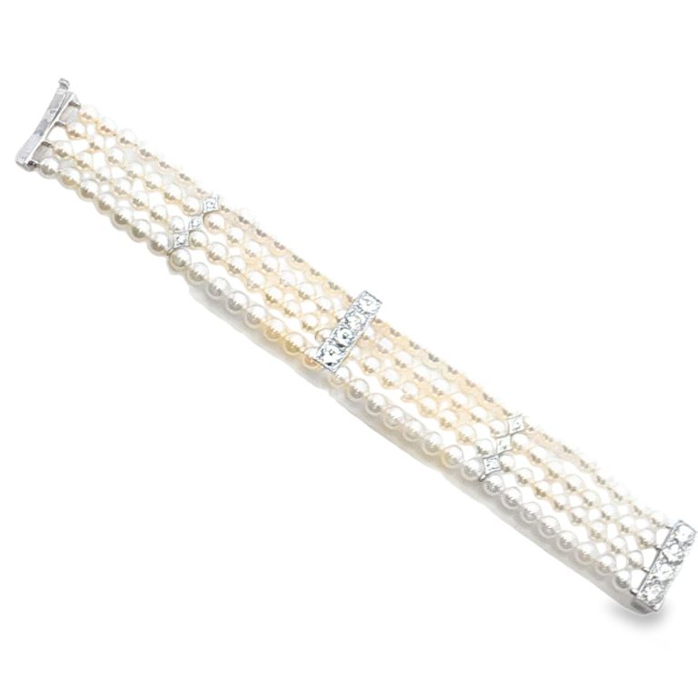 Platinum 4 Strand Pearl Bracelet Set with 124 Pearls (5x5.4mm) 8 OEM Diamonds (2.0CTW)