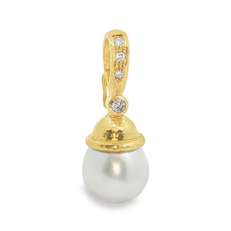 South Sea Pearl Drop Pendant (14mm) with Acorn Cap 19K Yellow Gold with Diamond Bale set with 4 Round Diamonds (0.11ctw)