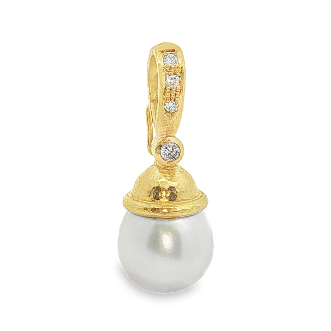 South Sea Pearl Drop Pendant (14mm) with Acorn Cap 19K Yellow Gold with Diamond Bale set with 4 Round Diamonds (0.11ctw)