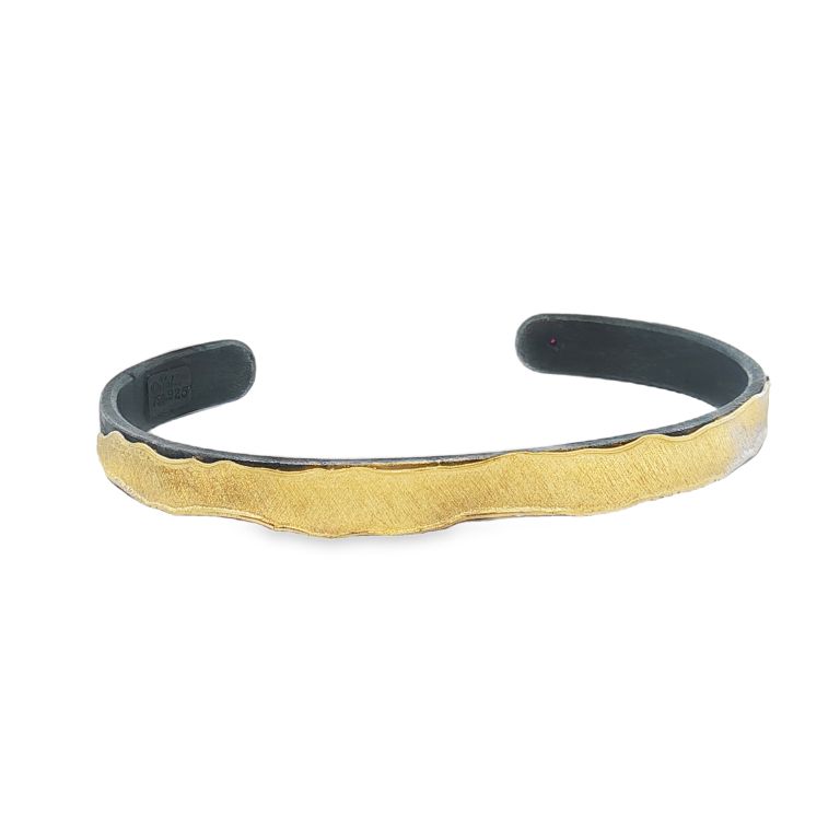 18K Yellow Gold Sterling Silver Cuff Bracelet with One Round Ruby Set into the Hallmark