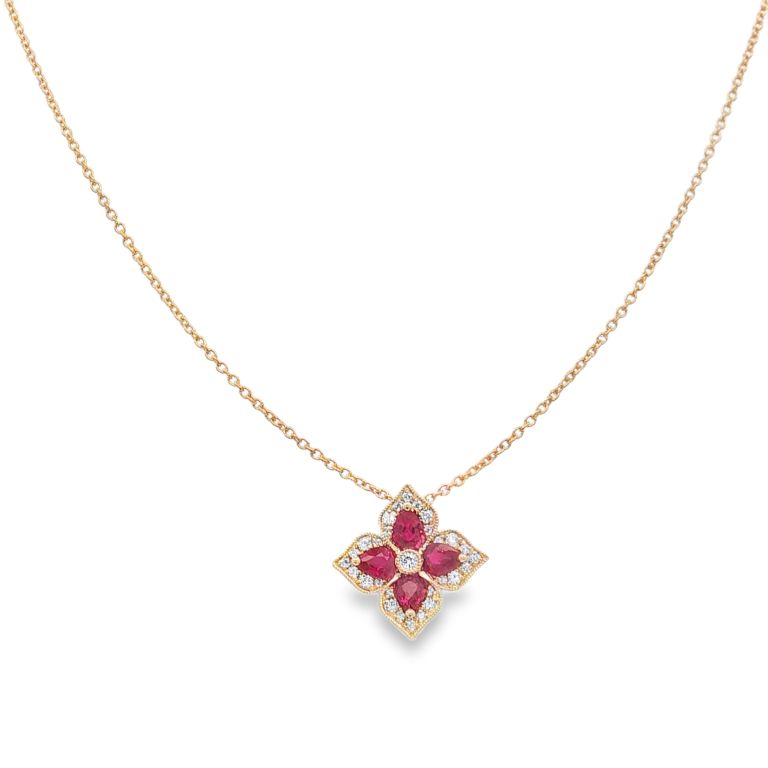 18K White Gold 29 Diamonds (0.18ctw) (GH/VS) and 4 Pear Shaped Rubies (0.80ctw) Flower Shape Pendant 16" Length