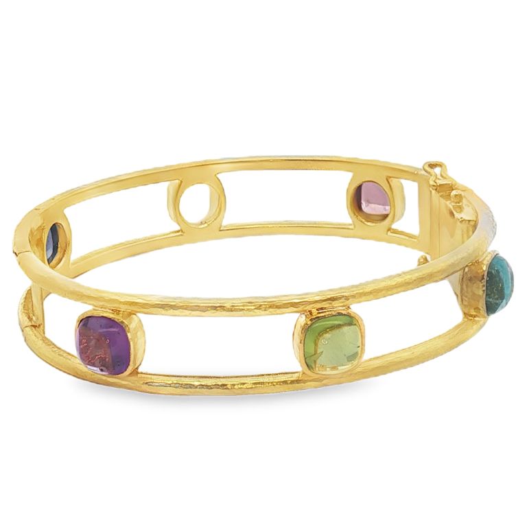 19K Yellow Gold Open Tube Bezel Tutti Frutti Bangle Bracelet Set with 6 Cushion 7mm Cabochon Stones(Aquamarine