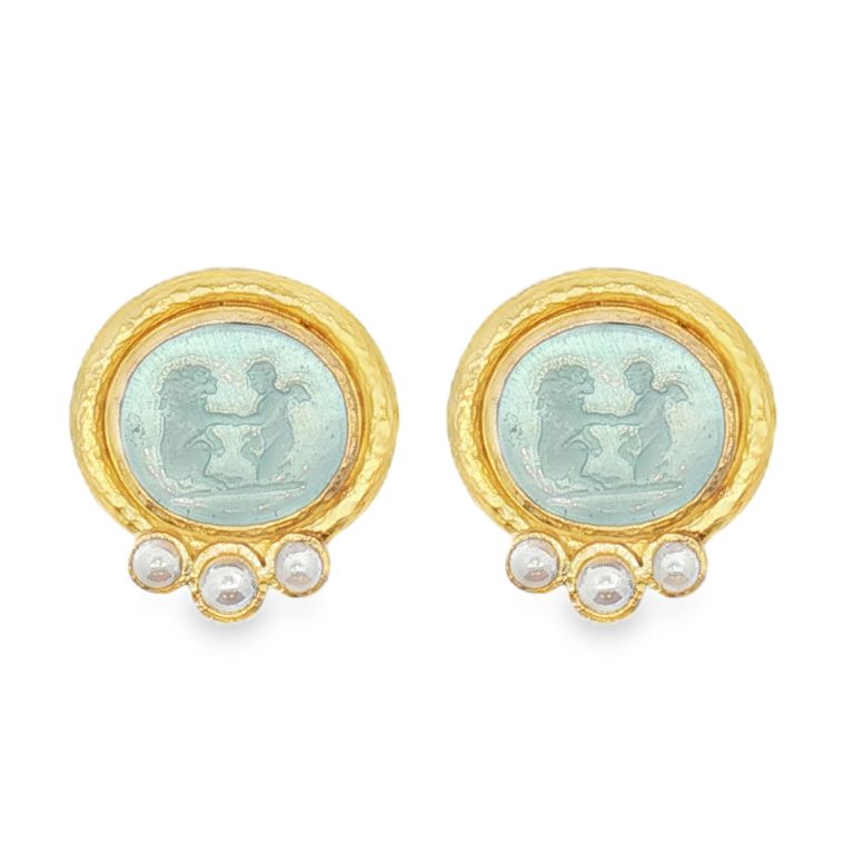 19K Yellow Gold Venetian Glass Intaglio and Pearl Earrings Set with 2 Venetian Glass Intaglio "Lion and Pluto" and 6 Round Pearls