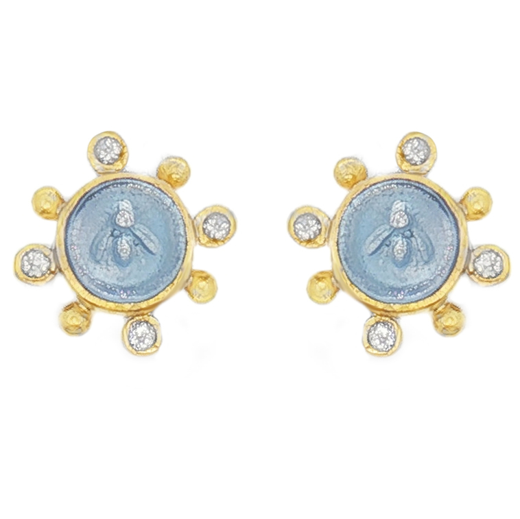 Pair of 19K Yellow Gold Venetian Glass Intaglio "Bee'' Earrings with 8 Round Moonstones (0.72ctw)