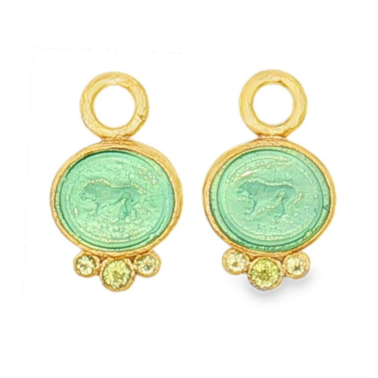 Pair of 19K Yellow Gold Venetian Glass Intaglio "Stalking Lion" Ear Charms with 6 Round Peridot (0.42ctw)