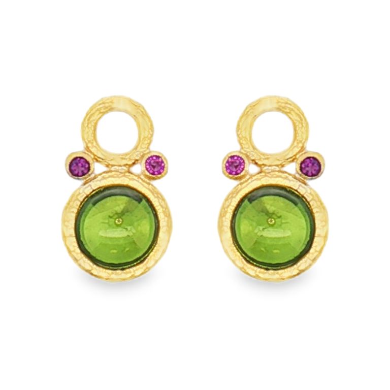 Pair of 19K Yellow Gold Cabochon Peridot Ear Charms with 2 Cabochon Peridot (4.76ctw) and 4 Round Amethysts (0.10ctw)