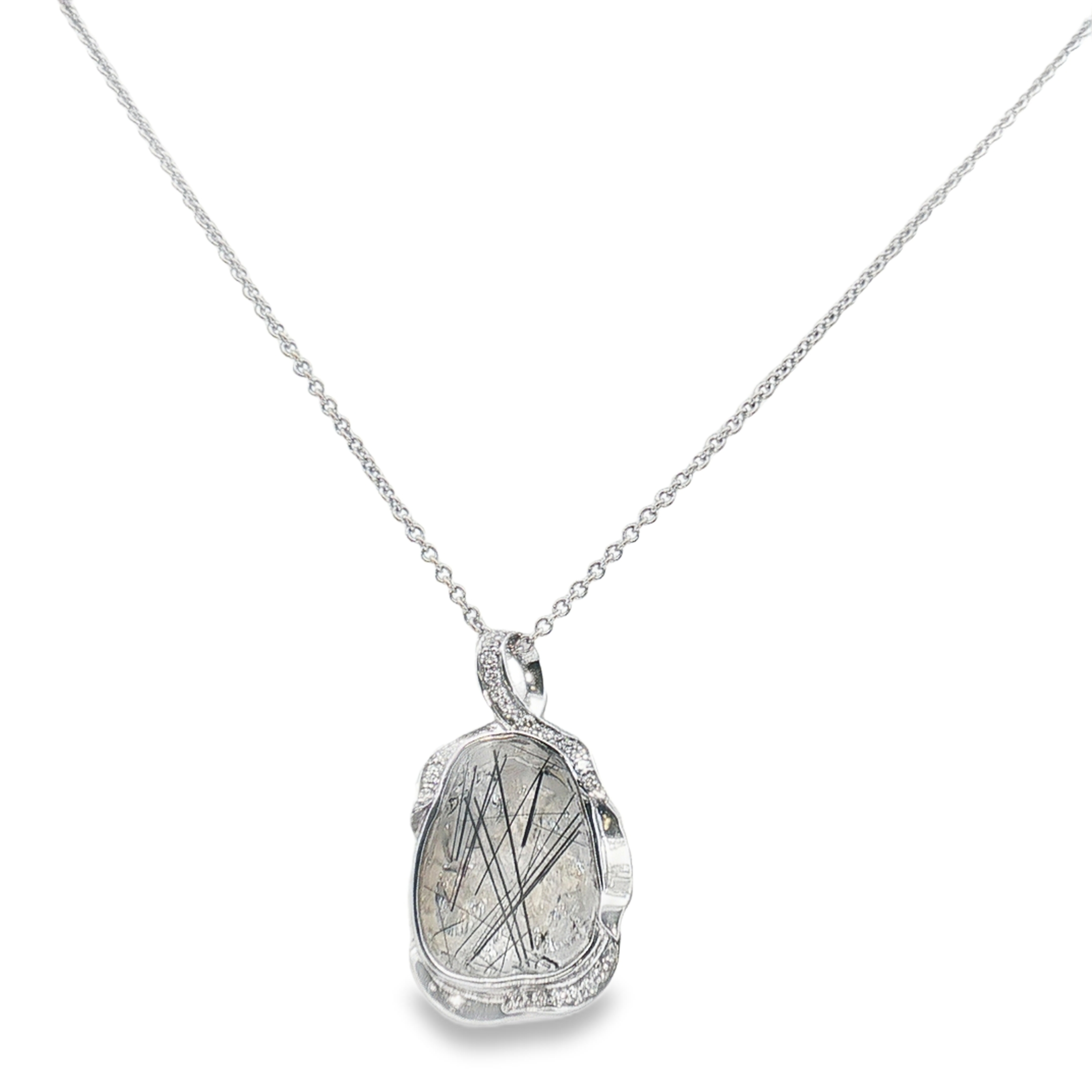 18K White Gold Rutilated Quartz and Diamond Pendant Set with One Rutilated Quartz (9.00ctw) and 26 Round Diamonds (0.15ctw) on and 18" Length Cable Chain