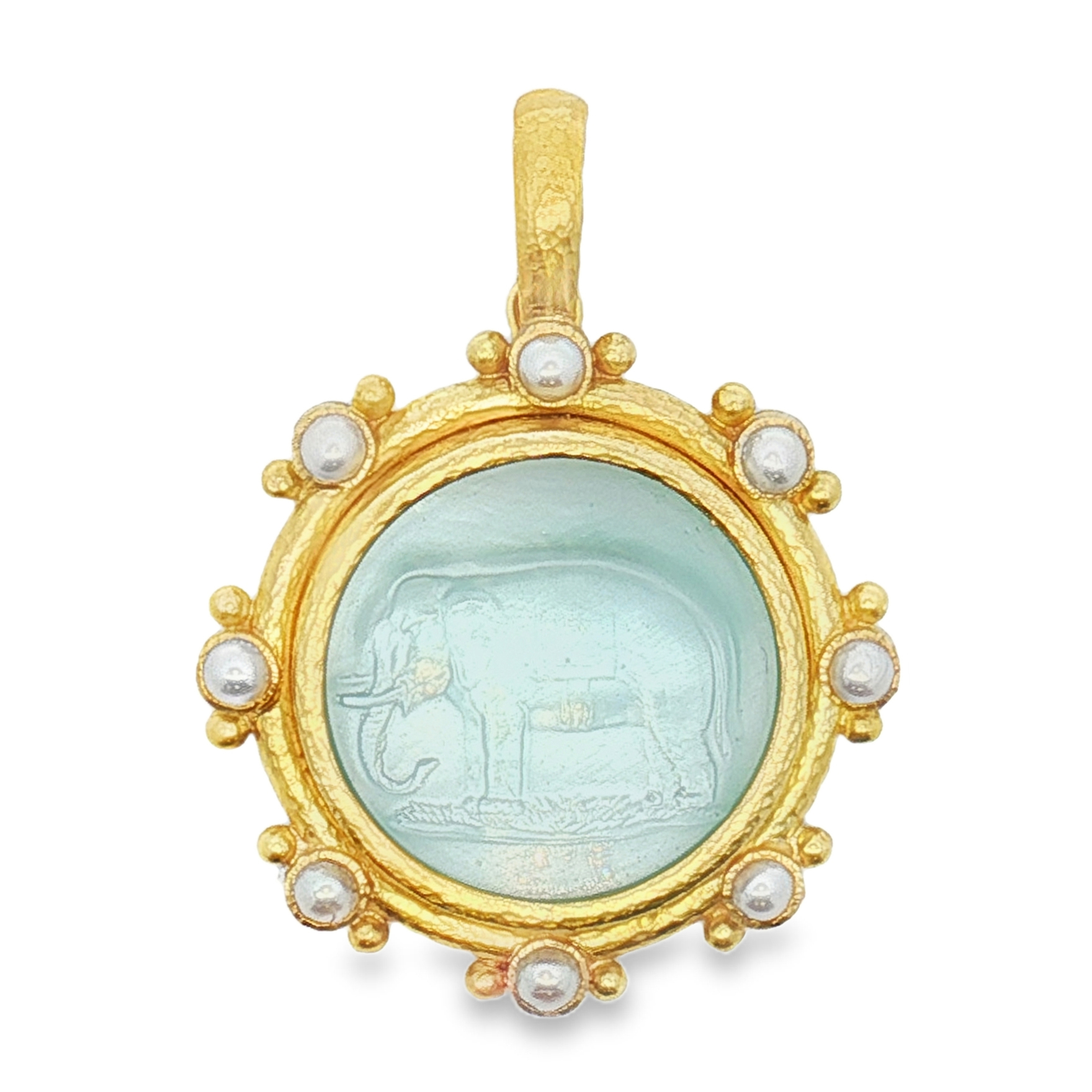 19K Yellow Gold Venetian Glass Intaglio "Elephant" Pendant with 8 Round Pearls
