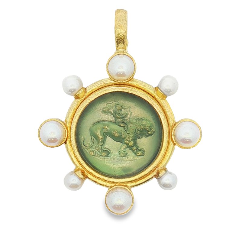 19K Yellow Gold Venetian Glass Intaglio "Cupid Riding Lion" Pendant with 8 Round Pearls