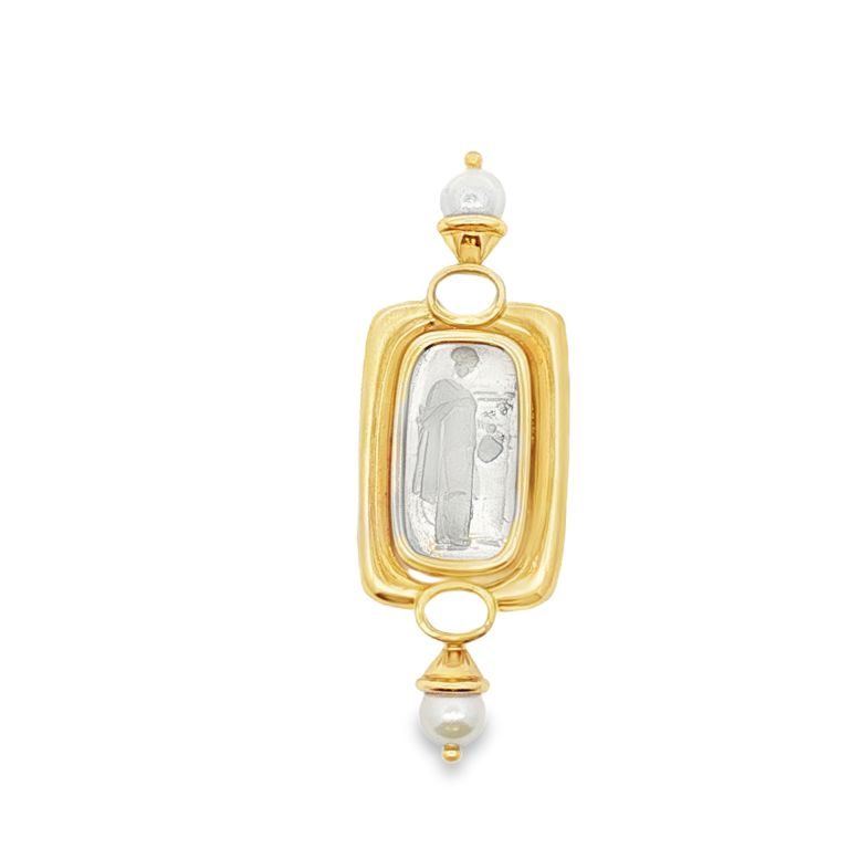 18K Yellow Gold Venetian Glass Brooch with One Venetian Glass Intaglio Backed with White Mother of Pearl