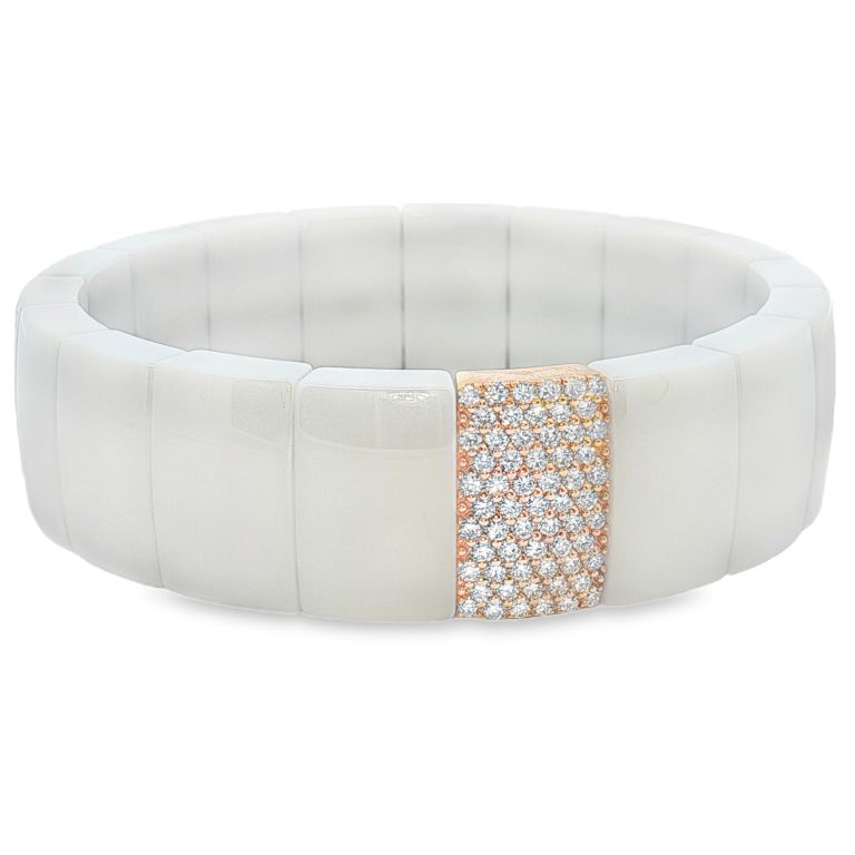 18K Rose Gold Domino White Ceramic Stretch Bracelet with 1 Diamond Station (1.05CTW)