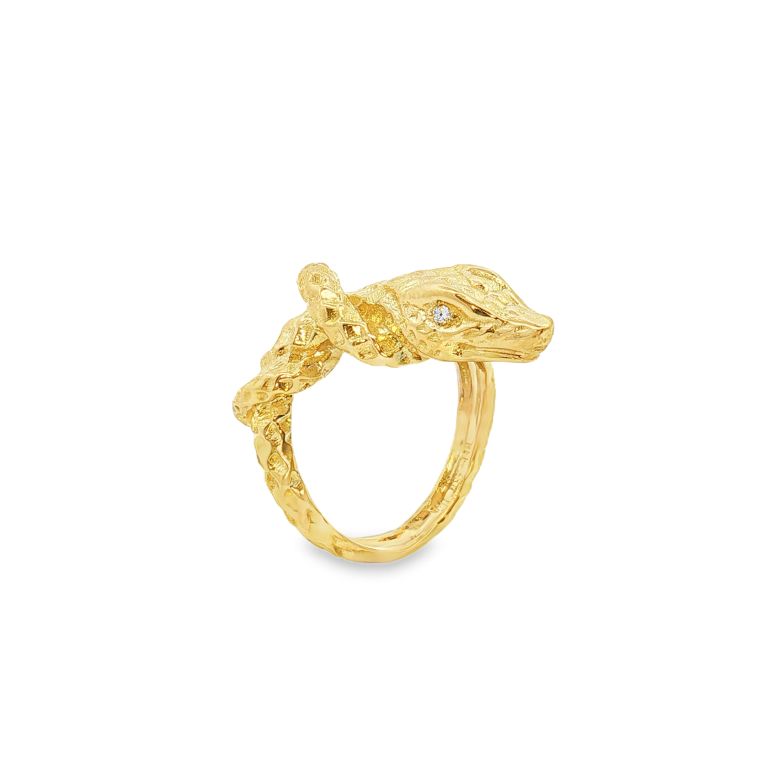 18K Yellow Gold Snake Ring with Diamond Eyes