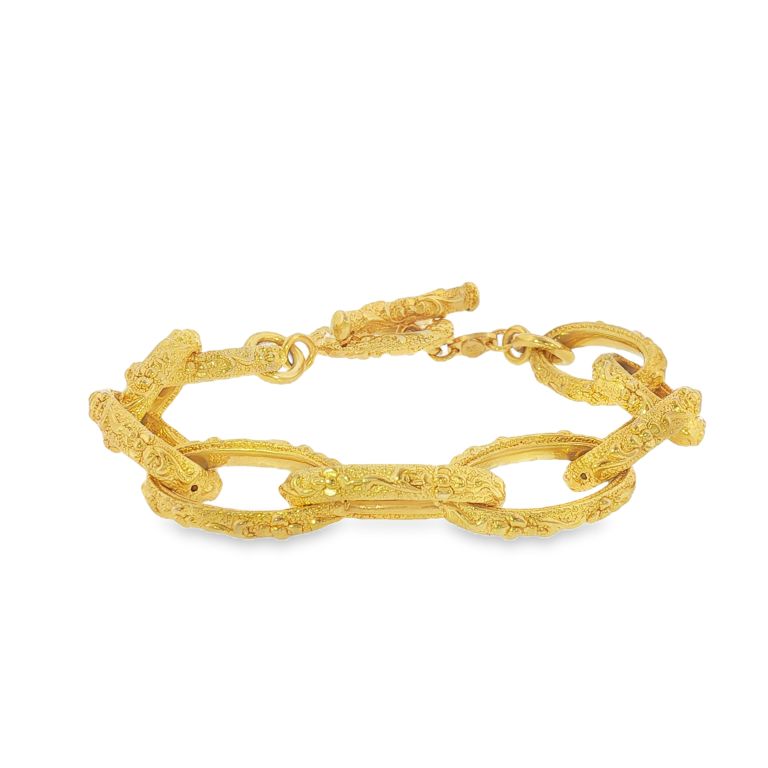 18K Yellow Gold Engraved Chain Link Bracelet