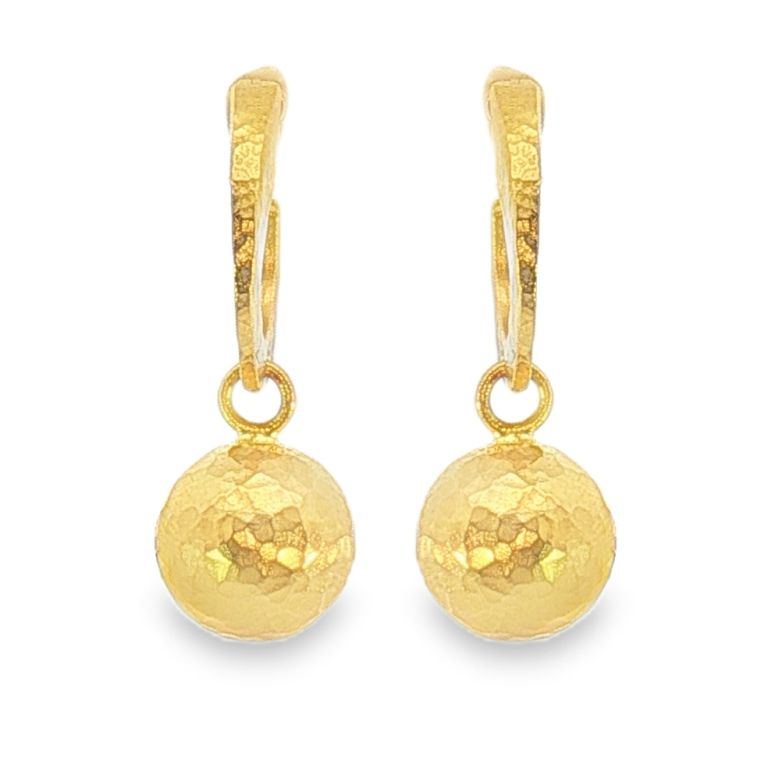 Pair of 24K Yellow Gold Drop Hammered Hollow Ball Earrings
