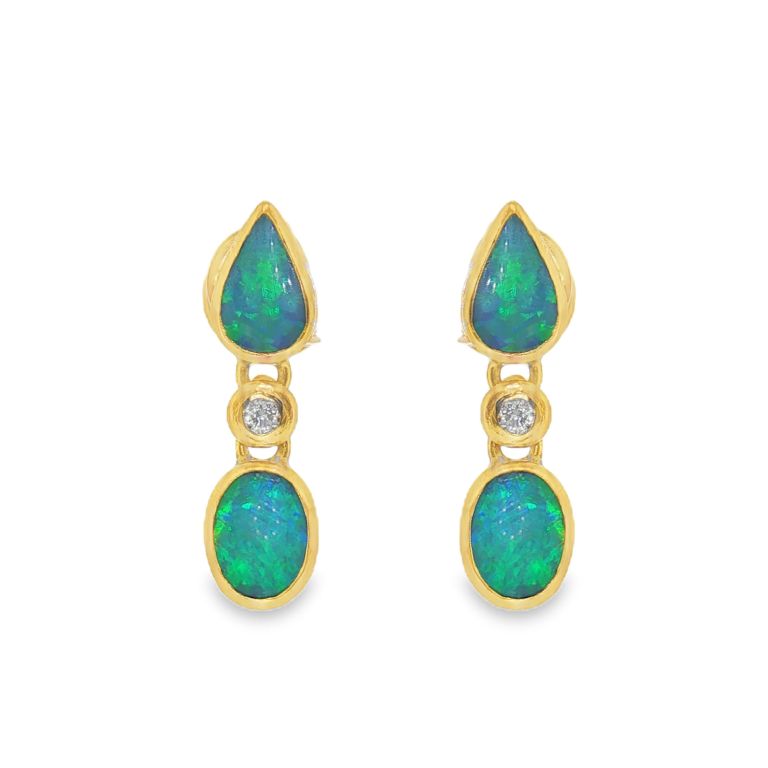 Pair of 24K Yellow Gold Australian Opal and Diamond Earrings