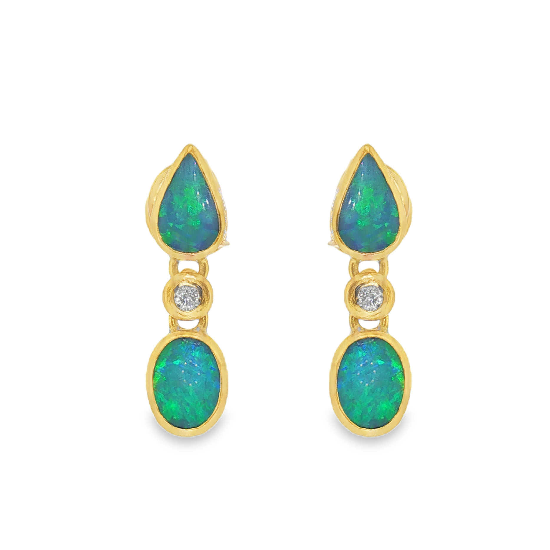 Pair of 24K Yellow Gold Australian Opal and Diamond Earrings