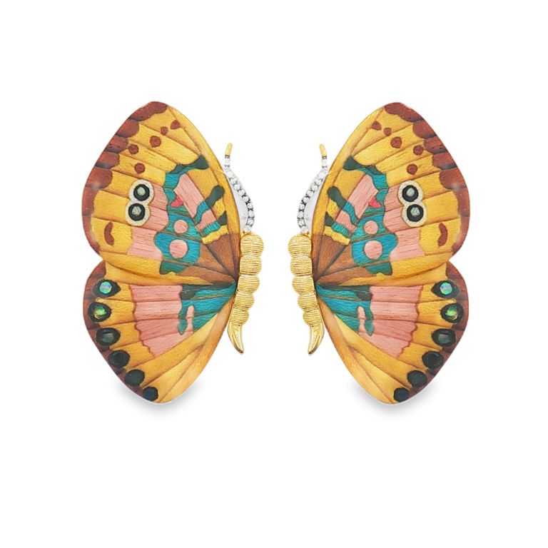 Pair of 18K Yellow Gold Butterfly Marquetry Earrings