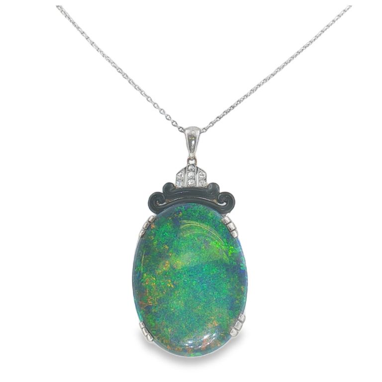 18K White Gold and Platinum Australian Black Opal and Diamond Pendant