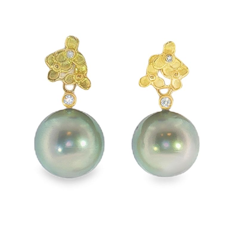 18K Yellow Gold Black Pearl Drop Earrings