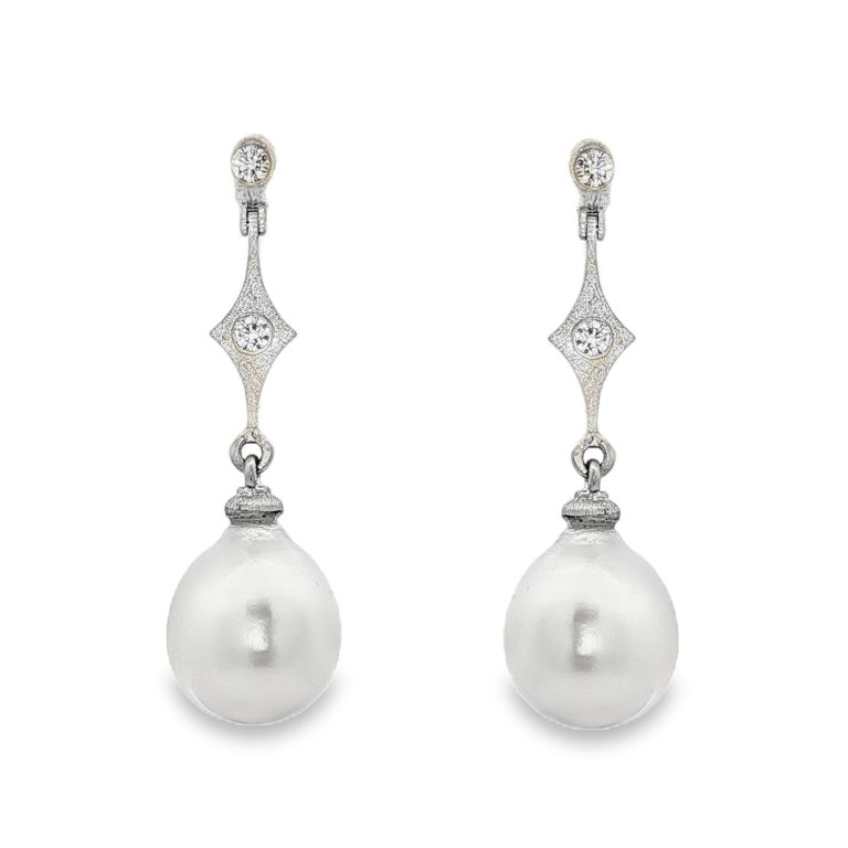 Pair of Platinum Diamond and Freshwater Pearl Drop Earrings