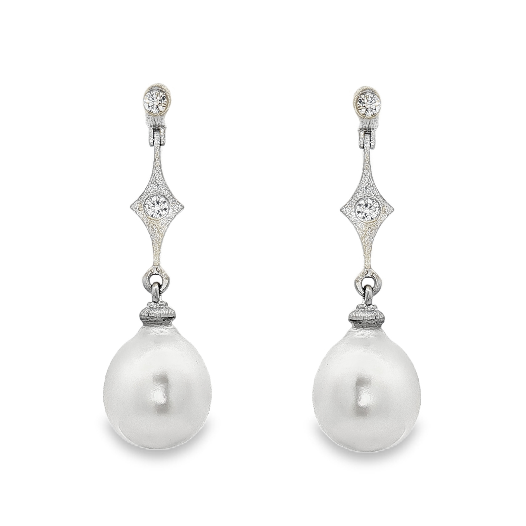 Pair of Platinum Diamond and Freshwater Pearl Drop Earrings