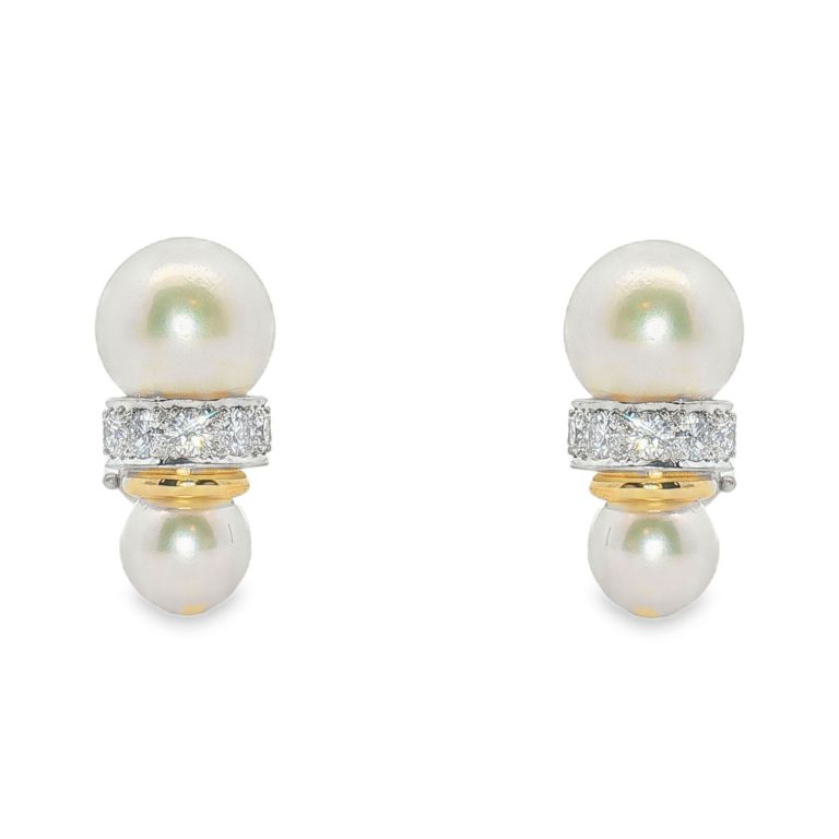Pair of 18K Yellow Gold Cultured Pearl and Diamond Earrings