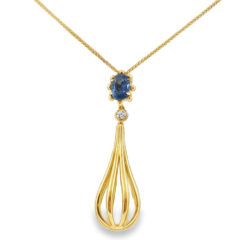 18K Yellow Gold Trumpet Sapphire and Diamond Necklace Pendant