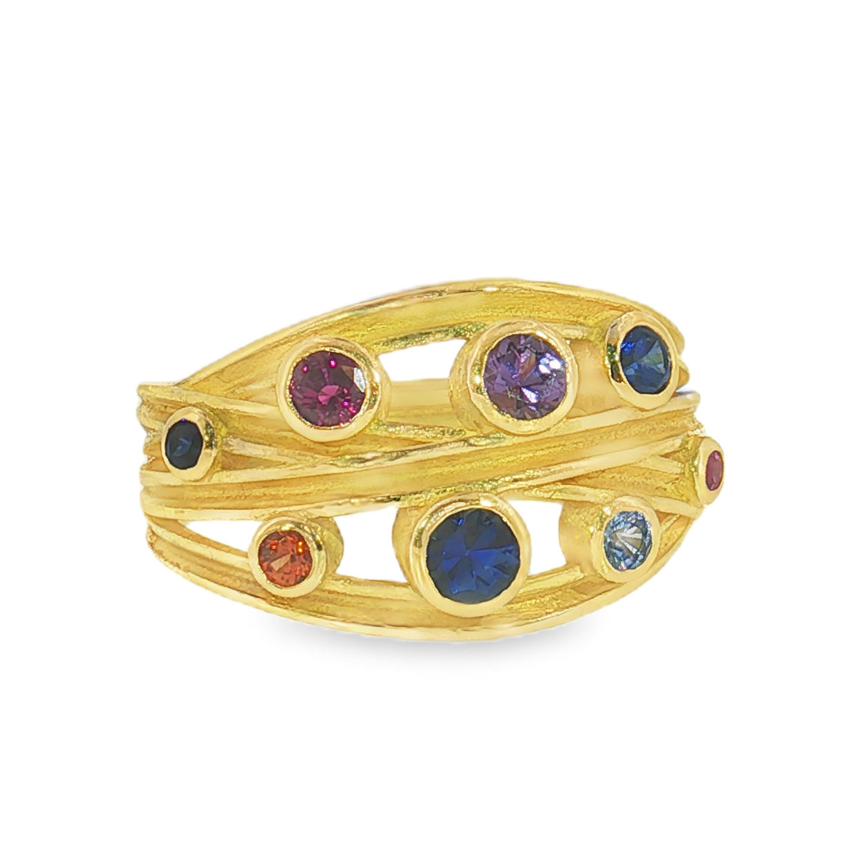 18K Yellow Gold Four Ribbon Ring with Various Multi-Colored Sapphires