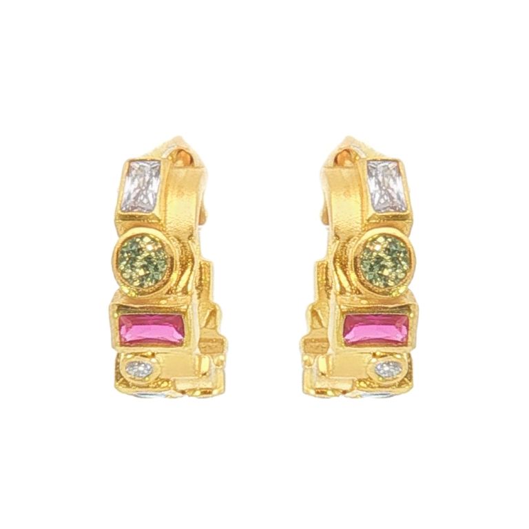 Pair of 22K Yellow Gold Klimt Mixed Gemstone Hoop Earrings