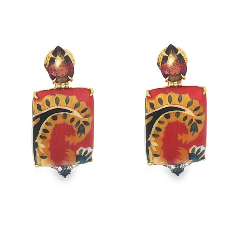 Pair of 18K Yellow Gold Marquetry Style Gemstone Earrings