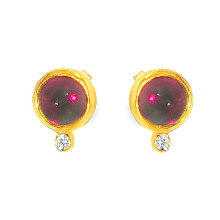 Pair of 18K Yellow Gold Rhodolite Garnet and Diamond Stud Earrings