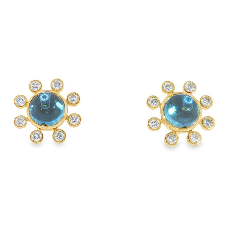 Pair of 18K Yellow Gold Cabochon Blue Topaz and Diamond Stud Earrings