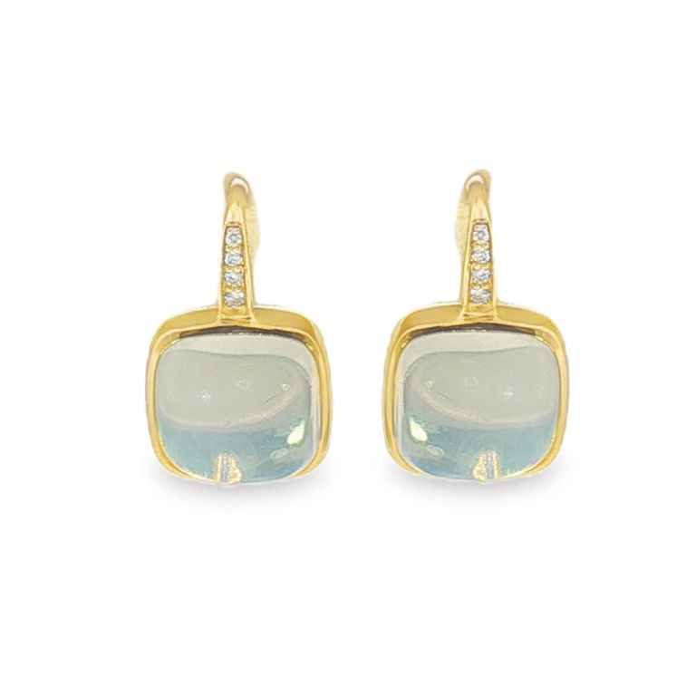 Pair of 18K Yellow Gold Moon Quartz Sugarloaf and Diamond Earrings