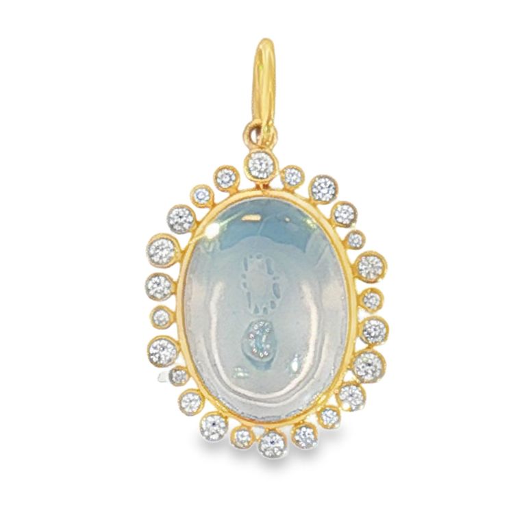 18K Yellow Gold Pendant with Moon Quartz and Surrounding Diamonds