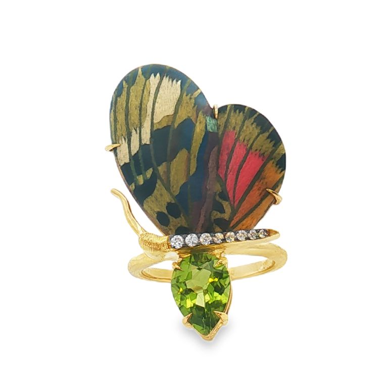 18K Yellow Gold Mini Butterfly Peridot and Diamond Ring