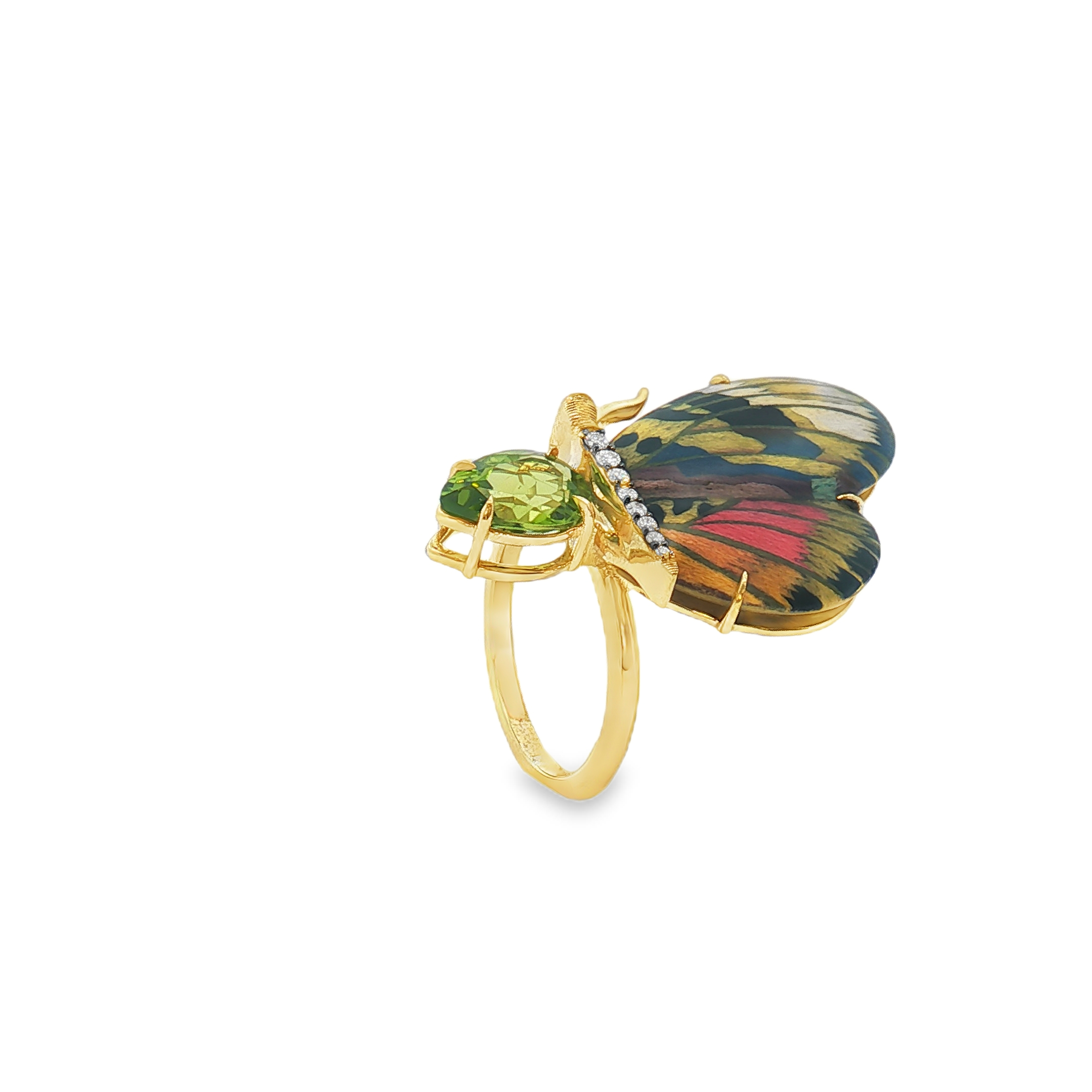 18K Yellow Gold Mini Butterfly Peridot and Diamond Ring - Image 2