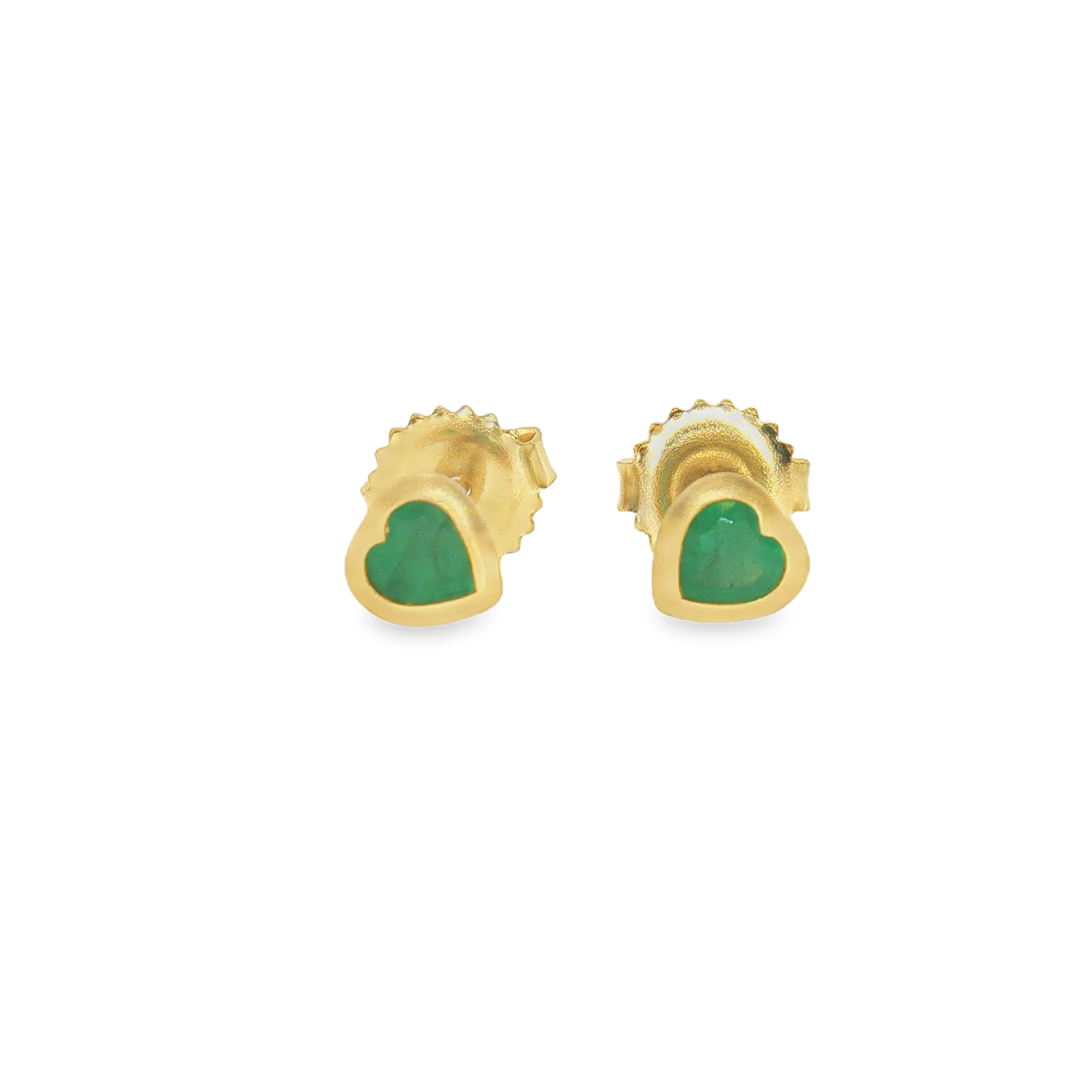 Pair of 18k yellow gold earrings with two bezel set heart shaped emeralds (0.46ctw).