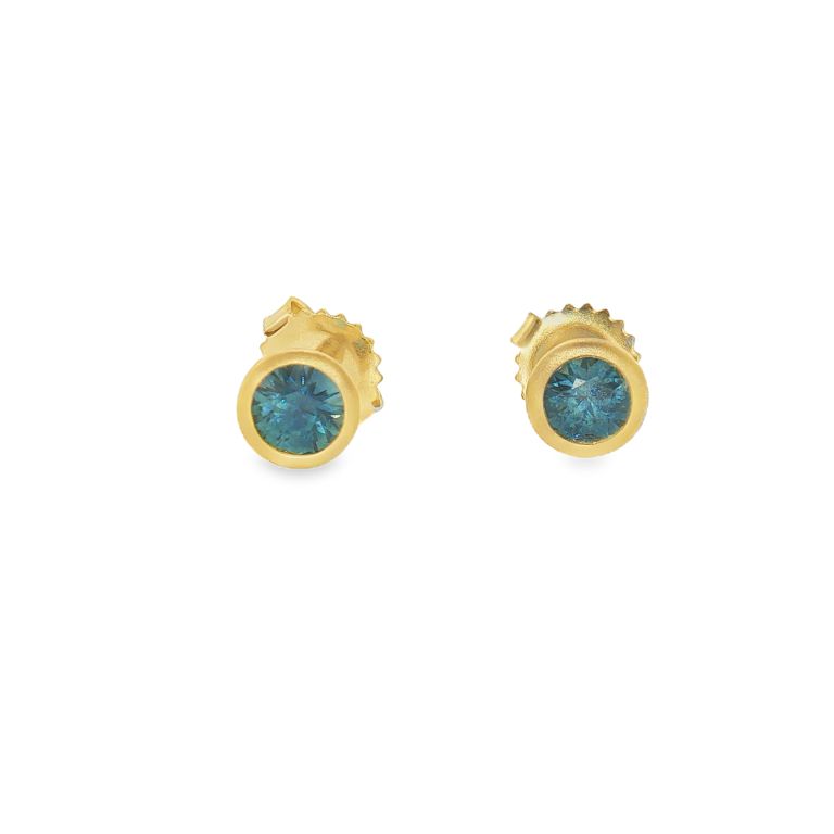 Pair of 18k yellow gold earrings set with two Round cut Montana Blue Sapphires (0.85ctw) in yellow gold bezel settings
