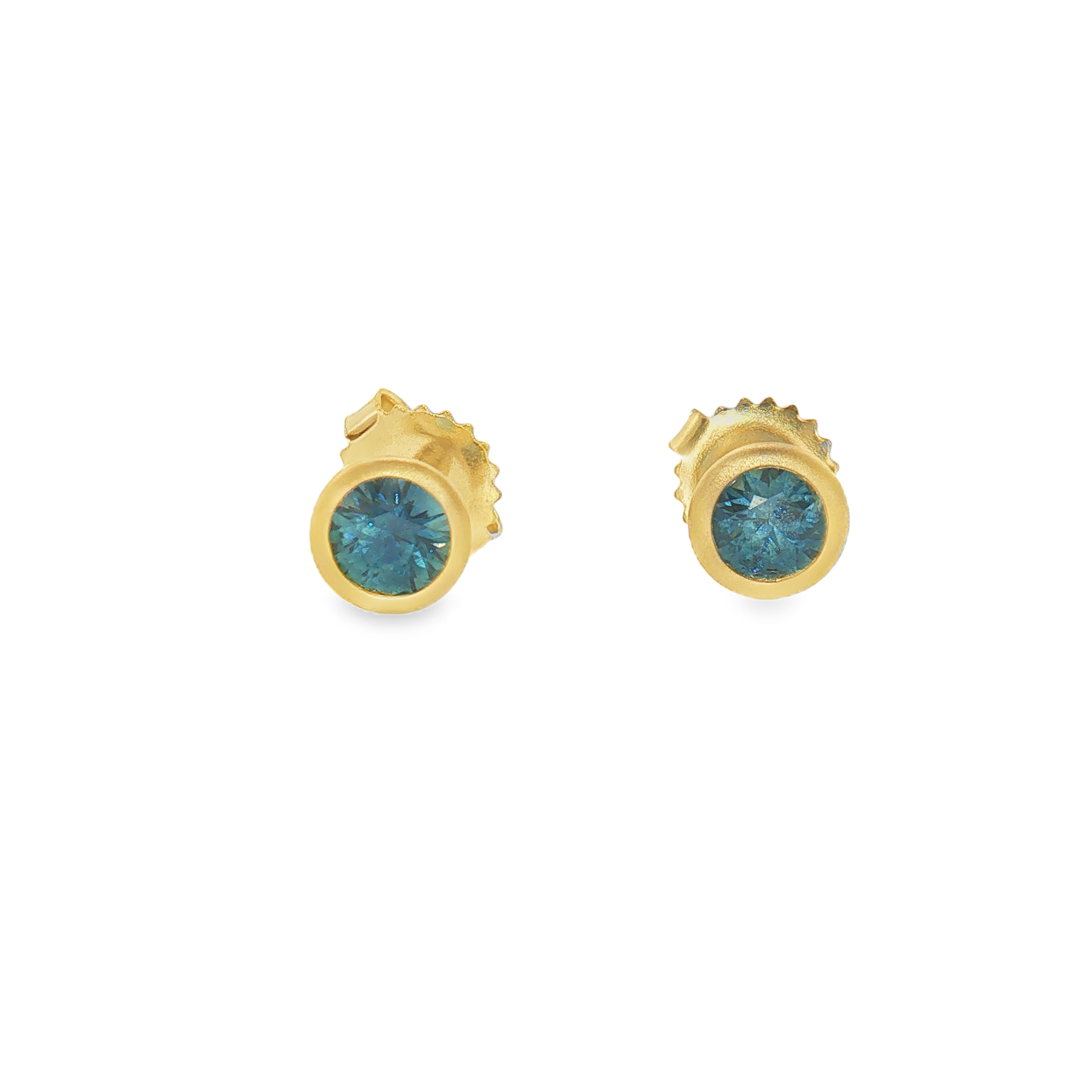 Pair of 18k yellow gold earrings set with two Round cut Montana Blue Sapphires (0.85ctw) in yellow gold bezel settings