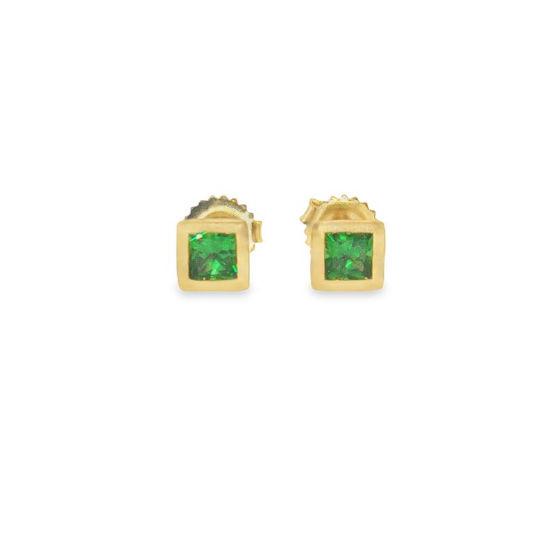 Pair of 18k yellow gold earrings set with two Princess cut Tsavorites (0.75ctw) in yellow gold bezel settings