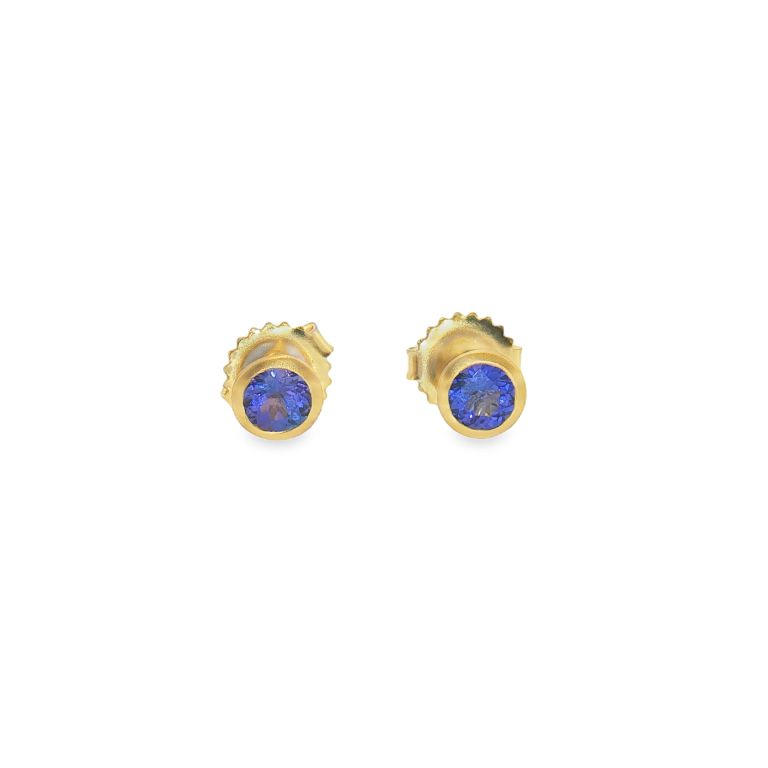 Pair of 18k yellow gold earrings set with two Round cut Tanzanites (0.66ctw) in yellow gold bezel settings