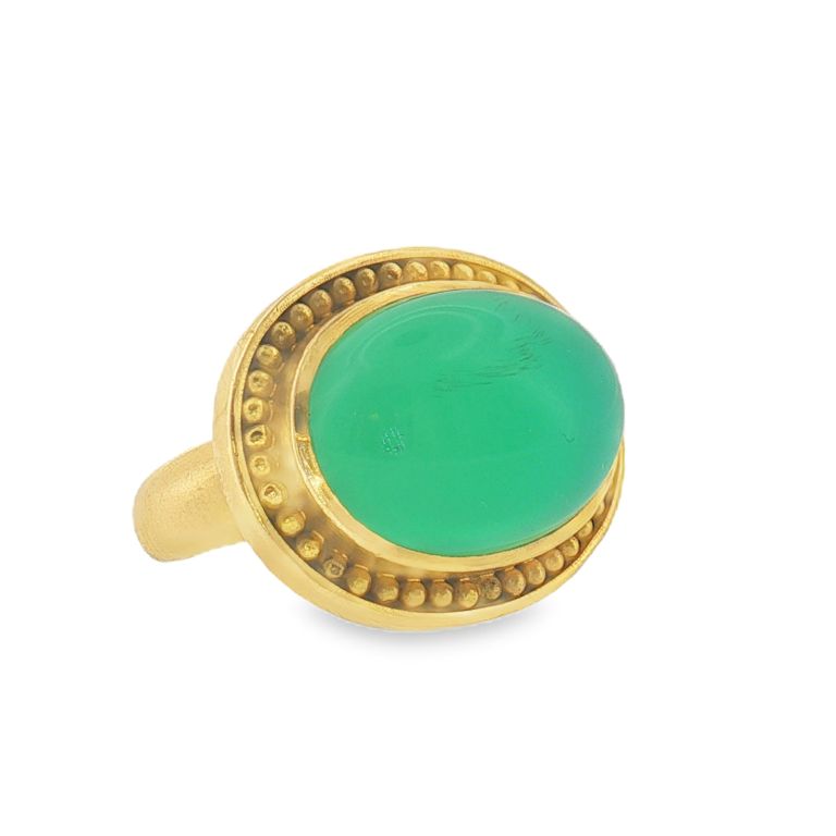 19k yellow gold green cabochon chysophrase ring by Elizabeth Locke