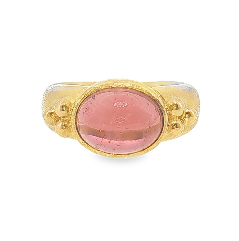 18k yellow gold bezel set oval cabochon pink tourmaline ring by Elizabeth Locke.