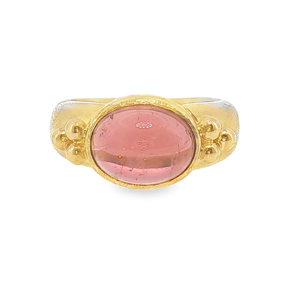 18k yellow gold bezel set oval cabochon pink tourmaline ring by Elizabeth Locke.