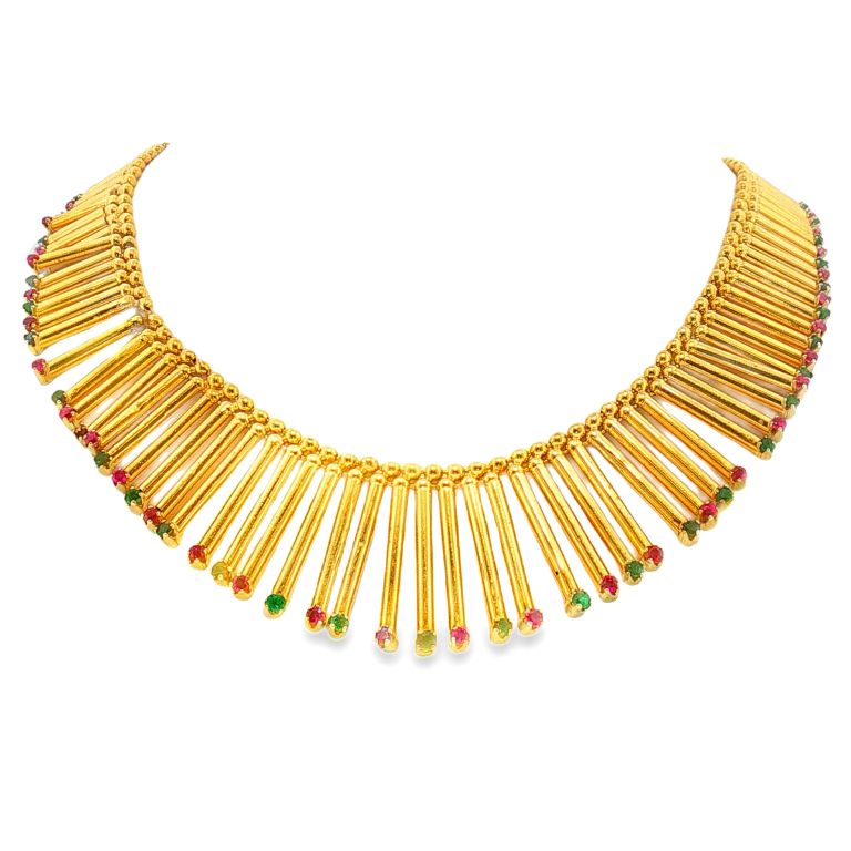 18k yellow gold fringe retro Ruby and Emerald necklace