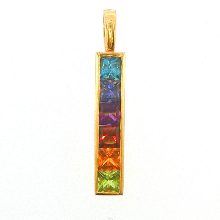 14k yellow gold multi-colored pendant set with six princess cut gemstones (London Blue Topaz