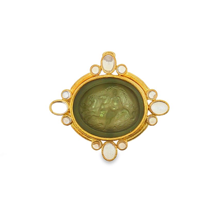 18K Yellow Gold Vetian Glass Intaglio Moon Brooch with blackish green Venetian glass and four oval moonstones (Elizabeth Locke).