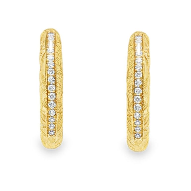 Pair of 18k yellow gold diamond hoop earrings set with 44 Round diamonds (0.31ctw)(FG/VS).
